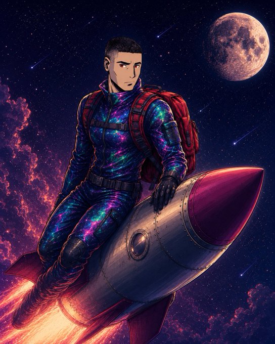 An anime-style illustration of a man in a galaxy-patterned spacesuit riding a rocket through a cosmic sky with a large moon and colorful nebula in the background.