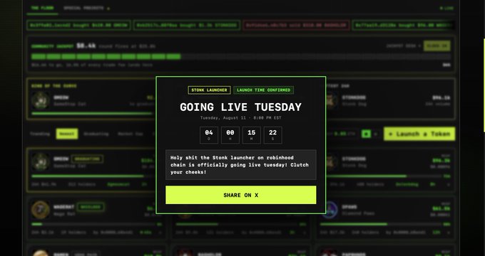 A dark-themed website interface shows a popup announcing 'GOING LIVE TUESDAY' with a countdown timer reading '04:00:15:22' and a 'SHARE ON X' button.