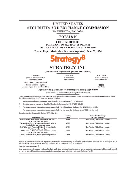This image shows Strategy Inc's (formerly MicroStrategy) SEC Form 8-K Current Report filed on June 29, 2026, with the SEC company number 000-32587. The filing lists multiple share classes including STRD (8.00% Series A), STRF (10.00% Series A), STRK (8.00% Series A), STRC (Variable Rate Series A), and MSTR common stock, all registered on the Nasdaq Global Select Market.

Regarding the accompanying post claiming the company buys at $120,000 and sells at $60,000 with just the name "Strategy" being key — **this does not match the document**. The Form 8-K is a regulatory filing reporting corporate events (share class designations and exchange listings); it contains no price targets, buying/selling levels, or share price figures. The post's interpretation of the image appears to be incorrect or unrelated to the actual content shown.