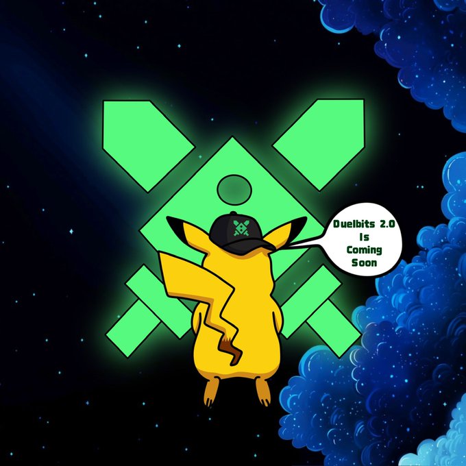 A Pikachu wearing a black cap stands in front of a glowing green Binance logo against a starry night background with blue clouds, featuring a speech bubble reading "Duelbits 2.0 Is Coming Soon" — promoting the upcoming Duelbits 2.0 platform relaunch tied to a giveaway of $100 in Solana.