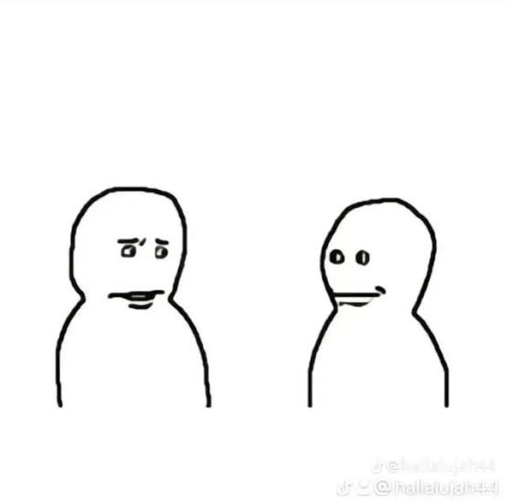 A minimalist black-and-white line drawing meme showing two simplistic figures facing each other with blank or awkward expressions, watermarked with '@hallalujah44'.