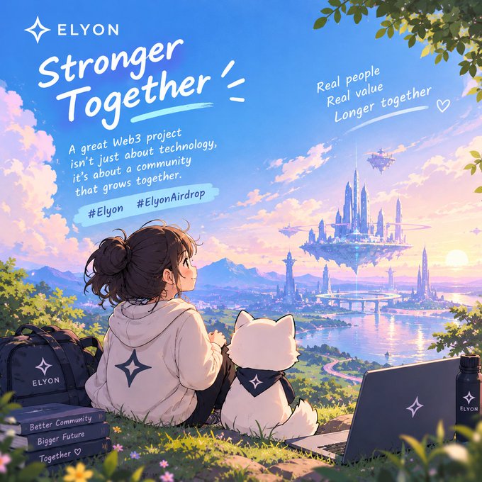 An anime-style illustration for 'ELYON' with the tagline 'Stronger Together' and text 'A great Web3 project isn't just about technology, it's about a community that grows together,' showing a girl and a white cat overlooking a futuristic floating city.