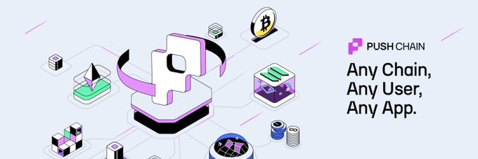Push Chain promotional graphic featuring an isometric "P" logo surrounded by various blockchain and crypto icons (including Bitcoin, and other network nodes), with the tagline "Any Chain, Any User, Any App." highlighting its multi-chain interoperability, aligning with the post's call to join their Points Program Season 2 for the upcoming airdrop at portal.push.org/rewards.