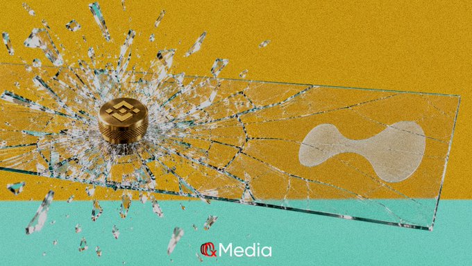 A conceptual illustration showing a gold Bitcoin coin crashing through and shattering a glass panel, with the text 'IQ Media' at the bottom.