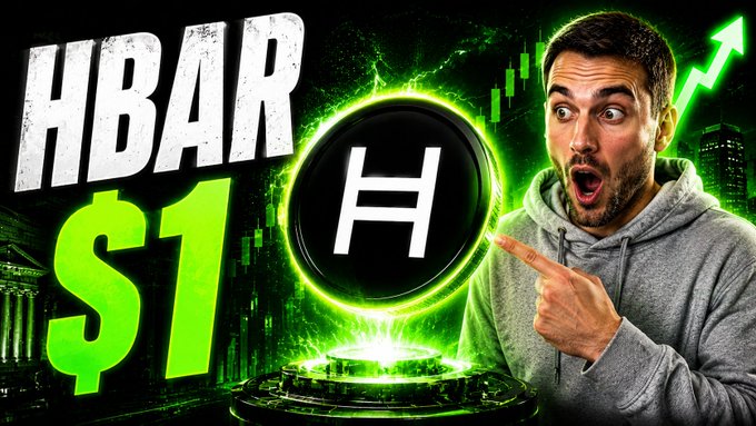 A YouTube thumbnail-style image shows a man pointing excitedly at an HBAR (Hedera) coin with 'HBAR $1' text and green upward arrows.
