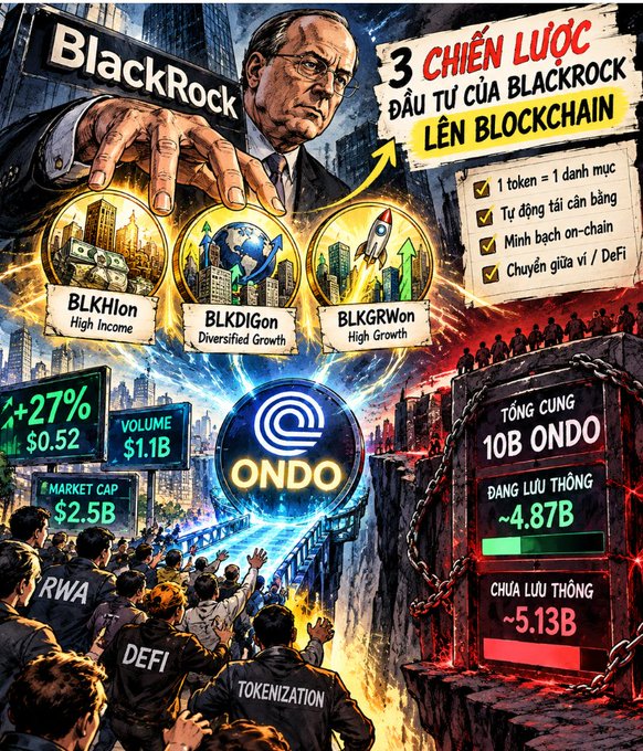 A graphic illustration about 'BlackRock' investment strategies into blockchain, featuring text like '3 CHIẾN LƯỢC ĐẦU TƯ', 'ONDO', and market cap figures.