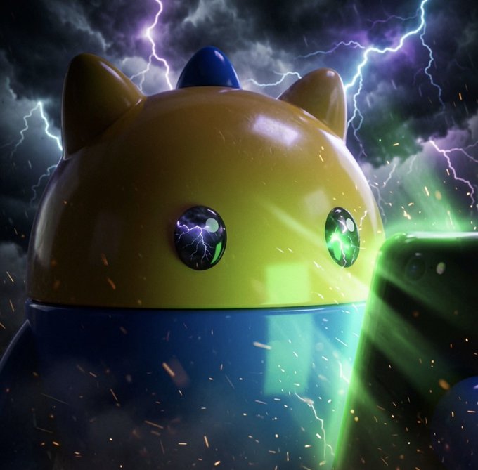 A stylized 3D render of a yellow and blue cat-like robot figure with glowing eyes, set against a dramatic stormy sky with lightning and green energy effects.