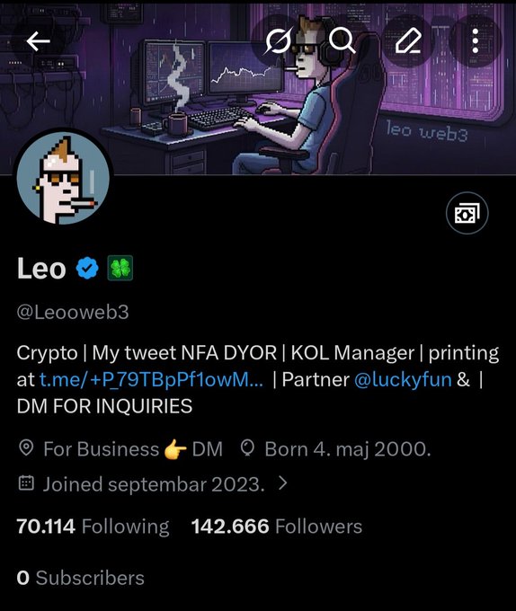 A Twitter/X profile screenshot for "Leo" (@Leooweb3), a verified crypto KOL with 142,666 followers, featuring pixel art avatar of a character smoking and a banner depicting a trader at dual monitors displaying charts. The profile ties to the post's message of community engagement, as Leo is actively trying to reconnect with CT (Crypto Twitter) users who are still active on the platform.