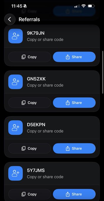 A mobile app referrals screen showing invitation codes (9K79JN, GN52XK, D5EKPN, 5Y7JMS) with Copy and Share buttons for each.