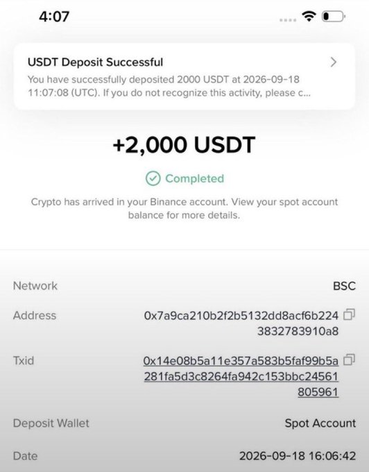 A mobile screenshot showing a 'USDT Deposit Successful' notification for +2,000 USDT on the BSC network via Binance, with completed status and transaction details.
