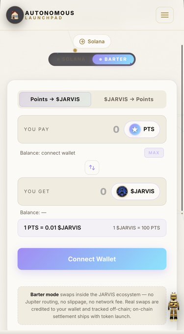 The image shows a phone screen displaying a rewards system for users of the JARVIS currency, which allows them to earn points by completing various tasks or participating in certain activities within the Autonomous AI ecosystem. The user can connect their wallet to the system and use the points earned from the system to make purchases on the DEX (Developer Edition) marketplace. The post also mentions that projects reward users for their zeal and dedication, encouraging them to stay active and engaged with the JARVIS currency system.