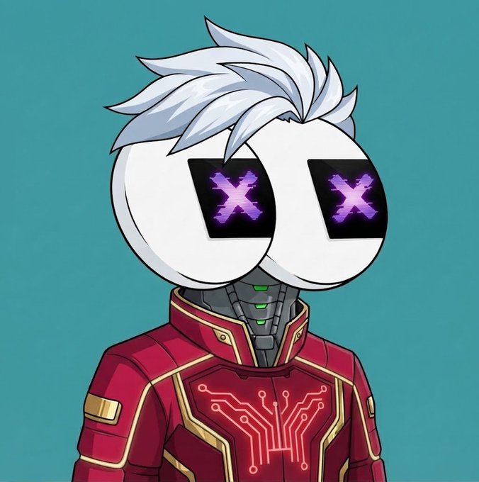 A digital illustration of a robotic character wearing a futuristic red suit with glowing circuit patterns, sporting spiky white hair and glowing purple 'X' marks for eyes.