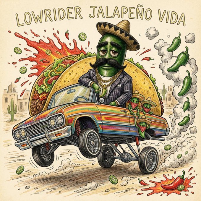 A cartoon jalapeño with a mustache and sombrero drives a colorful lowrider through clouds of smoke and flying peppers, with the text "LOWRIDER JALAPEÑO VIDA" at the top. The vibrant illustration perfectly captures the comedic spirit of @Jose_Jalapeno_, blending the spicy character with lowrider culture as described in the post.