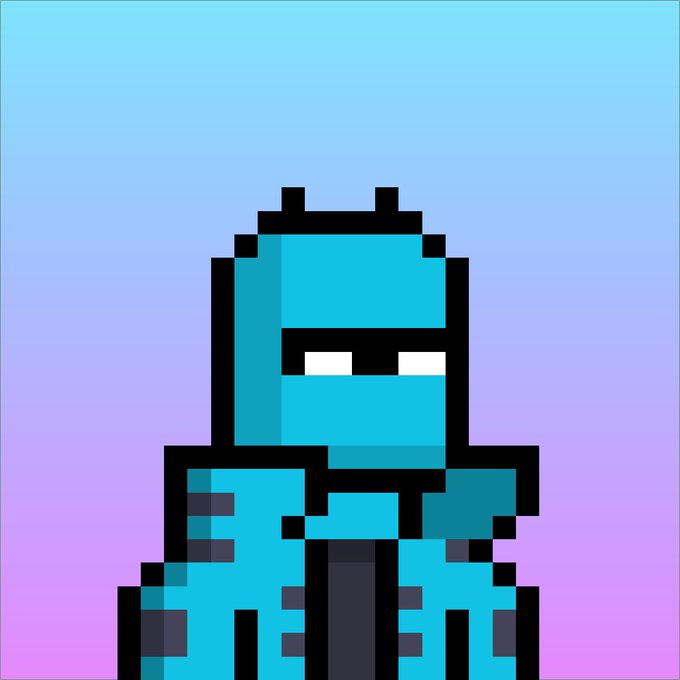 A pixel art figure with a hooded, masked face and dark-rimmed eyes stands against a gradient blue-to-purple background, depicted in shades of teal with black outlines, evoking a mysterious hacker or "sweeper" persona that visually reinforces the post's theme of large-scale crypto liquidations and aggressive market sweeps catching panic sellers off guard.