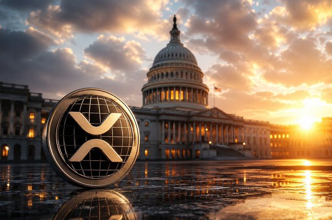 A golden XRP coin rests before the U.S. Capitol at sunset, symbolizing the crypto industry's anticipation as the CLARITY Act moves toward President Trump's desk ahead of the August deadline. The image captures the convergence of digital assets and federal regulation, visually representing the post's message that the regulatory fog over U.S. crypto is lifting.
