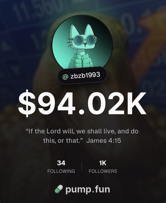Profile screen from pump.fun showing account @zbzb1993 with a cartoon cat avatar, $94.02K displayed prominently, and a Bible verse quote.