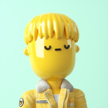 A 3D rendered yellow figurine of a smiling character with blonde hair wearing a denim jacket against a light blue background.