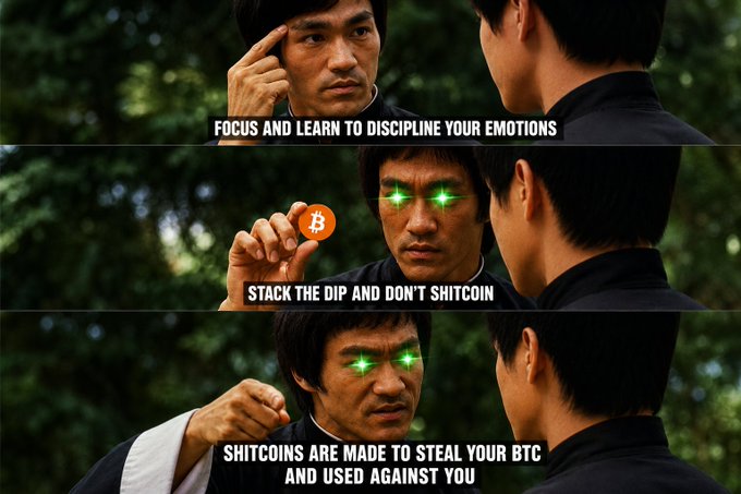A three-panel meme featuring Bruce Lee from a martial arts film, whose eyes glow green in the bottom panels as he faces another man. The text overlays read "FOCUS AND LEARN TO DISCIPLINE YOUR EMOTIONS," "STACK THE DIP AND DON'T SHITCOIN," and "SHITCOINS ARE MADE TO STEAL YOUR BTC AND USED AGAINST YOU," using the intense scene as a metaphor for the hard-learned lesson of avoiding risky altcoins to protect one's Bitcoin investments.