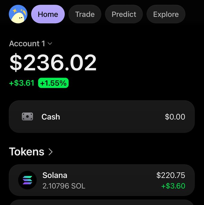 The image shows a cryptocurrency wallet app screenshot displaying Account 1 with a balance of $236.02 (+$3.61, +1.55%), holding 2.10796 SOL worth $220.75 (+$3.60). It appears to be a screenshot used as proof of holdings to enter a giveaway from @Vynfola, where followers could win SOL by dropping their wallet address.
