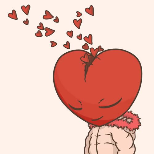 An illustration of a heart-shaped character with closed eyes and a peaceful smile, releasing smaller hearts from a crack at the top.