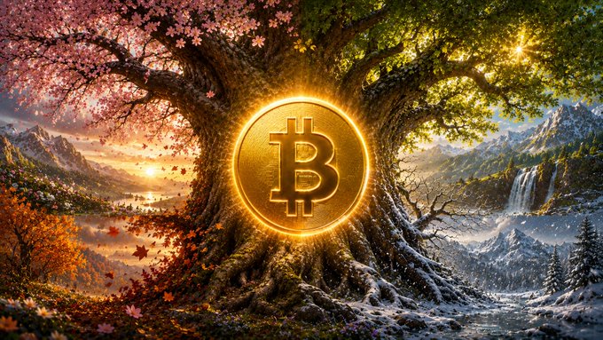 A golden Bitcoin coin glows at the heart of a majestic, four-season tree—spring blossoms, summer greenery, autumn foliage, and winter snow—symbolizing the passing of time and shifting cycles. The image visually echoes the article's theme of Bitcoin's traditional four-year halving cycle giving way to a longer, TradFi-like rhythm as new supply diminishes.