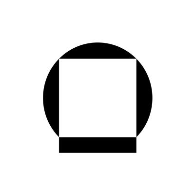 A minimalist black and white graphic logo consisting of a square inside a circle with a rectangular base.