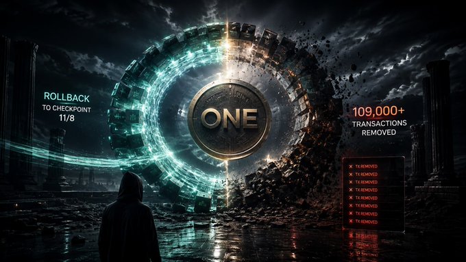 A hooded figure stands before a crumbling circular portal displaying the "ONE" coin, with text on the left reading "ROLLBACK TO CHECKPOINT 11/8" and on the right highlighting "109,000+ TRANSACTIONS REMOVED" alongside a list marked "TX REMOVED" — visually depicting Harmony's proposed blockchain rollback to eliminate over 109,000 fraudulent transactions involving fake $ONE tokens minted during the exploit.