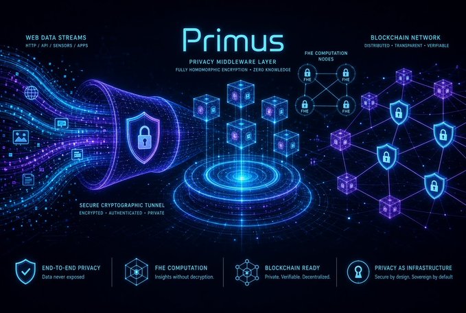 A futuristic visualization of Primus's privacy middleware architecture, showing web data streams flowing through a secure shield into FHE computation nodes and a blockchain network, illustrating how zkTLS and Fully Homomorphic Encryption enable private, verifiable data processing without exposing sensitive information.

The visual reinforces the post's point by depicting Primus as a complete privacy infrastructure layer—not just for on-chain confidentiality (balances/transactions)—but bridging external web data with blockchain networks via encrypted computation and zero-knowledge proofs.