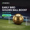 The image features a soccer ball, which appears to be gold, placed near a goalpost or net. The background of the image shows a stadium with a green field. There are also some text elements present in the image that provide information about an early bird golden ball boost event.