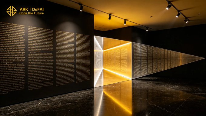 The image features an art installation that consists of two triangular panels placed side by side against a black wall. The panels are made of metal and have a reflective surface, creating interesting visual effects when light shines through them. The text "ARK I DFAI" is displayed on one panel, while the other panel has "Focus on what is in the image and how it relates to the post." written below it. This suggests that the art installation may be related to the Arkie AI App or a similar concept, as both involve transforming information into actionable insights for better decision-making.