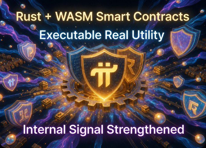 The image displays a stylized banner featuring "Rust + WASM Smart Contracts," "Executable Real Utility," and "Internal Signal Strengthened" text against a backdrop of glowing shields and circuitry with a Pi (π) logo at the center. The futuristic shield imagery visually reinforces the post's message about Pi Network's new native smart contract capabilities enabling real-world utilities like AMMs, tokenized assets, and decentralized payments within its ecosystem.