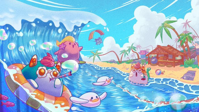 The image features a cartoon scene with various characters, including a pink fish, a blue bird, and other sea creatures swimming or floating in water. The characters are depicted as wearing sunglasses and enjoying themselves at the beach. The background of the image is filled with waves crashing onto the shoreline, creating an atmosphere of relaxation and leisure. The post that this image belongs to reads "the kind of axie art i want to see on my feed". This suggests that the artist has created a visually appealing and entertaining scene for viewers to enjoy.