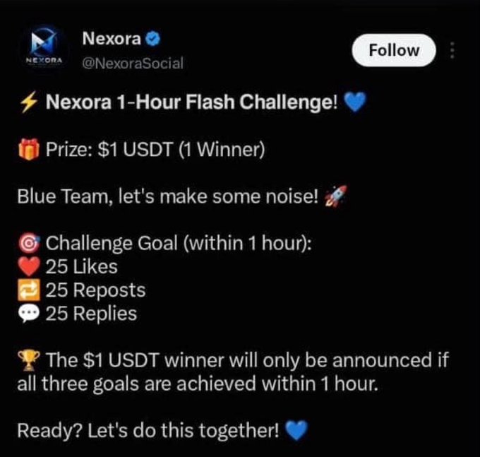 A tweet from Nexora (@NexoraSocial) announces a "1-Hour Flash Challenge" offering a $1 USDT prize to one winner who will only be selected if the post achieves 25 likes, 25 reposts, and 25 replies within an hour—a modest engagement contest that aligns with the accompanying post celebrating a web3 community winner.