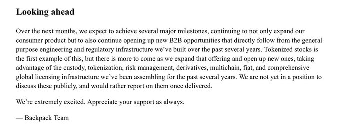 A 'Looking ahead' section from a Backpack Team blog post discussing upcoming milestones including tokenized stocks, tokenization, risk management, derivatives, multichain, fiat, and global licensing infrastructure.