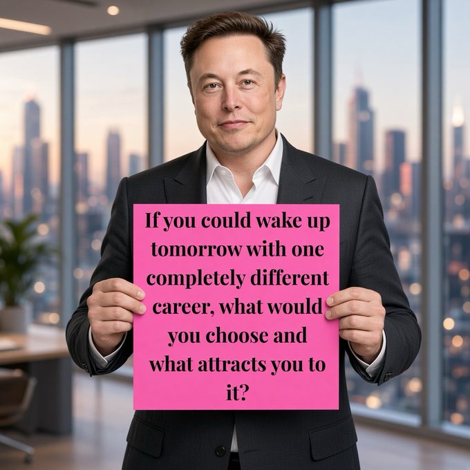 A man in a suit, styled to resemble Elon Musk, holds a pink sign reading "If you could wake up tomorrow with one completely different career, what would you choose and what attracts you to it?"