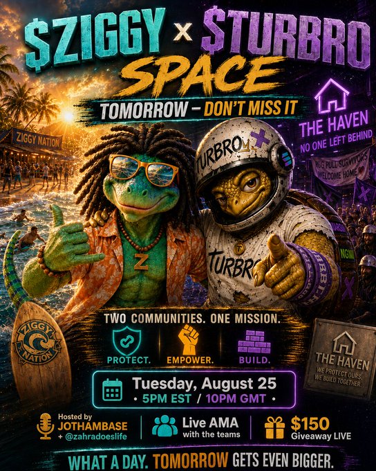 A vibrant promotional poster featuring two cartoon lizard characters (one with dreadlocks and sunglasses labeled 'Ziggy Nation', the other in a space helmet labeled 'The Haven') advertising a 'Ziggy x Sturbrd Space' event on Tuesday, August 25 at 5PM EST/10PM GMT, hosted by Jothambase with a Live AMA and $150 giveaway.