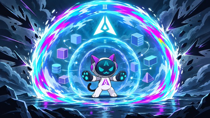 A vibrant digital artwork of a cat astronaut character wearing a space helmet with cat ears, surrounded by a colorful energy portal with floating 3D shapes (cubes, cylinders, pyramid) and Roman numerals.