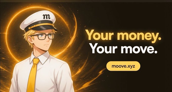 An anime-style captain mascot wearing a captain's hat with an "m" logo appears next to the tagline "Your money. Your move." and the website "moove.xyz," promoting the launch of @moovexyz's Official Ambassador Programme in Bangladesh on July 3rd, 2026.