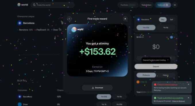 A screenshot from the World platform displays a "First trade reward" notification celebrating a "+$153.62" payout earned on 9 Sept, 7:11 PM GMT+3, alongside a $5 bet on a Champions League match between Barcelona and Fenerbahçe. Confetti effects frame the screen, matching the post's enthusiastic tone of appreciation for World (WLD) and its marketing.