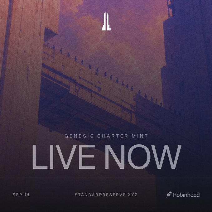 The image is a promotional graphic for the "Genesis Charter Mint" NFT collection titled "LIVE NOW," featuring a moody, low-angle view of a brutalist concrete structure with silhouetted figures against a dusky purple sky. The post "A minté." (Hungarian for "It minted") indicates the NFT drop has officially launched, aligning with the "LIVE NOW" branding displayed prominently on September 14, with links to standardreserve.xyz and Robinhood.