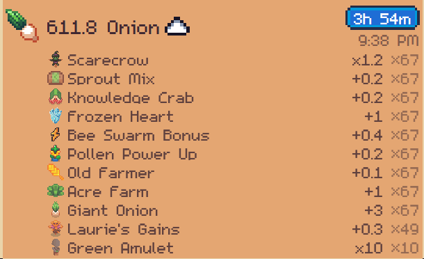 A screenshot from Sunflower Land showing a yield calculation of 611.8 Onions, breaking down boosts like Scarecrow (x1.2 x67), Sprout Mix (+0.2 x67), and Giant Onion (+3 x67) to reach the total harvest in 3h 54m, celebrating another 600+ onion yield.