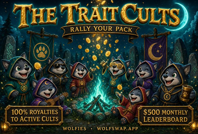 A vibrant promotional banner titled "The Trait Cults - Rally Your Pack" featuring a gathering of animated wolf characters in hooded cloaks around a glowing campfire, with text highlighting "100% Royalties to Active Cults," a "$500 Monthly Leaderboard," and the "Wolfies - Wolfswap.app" branding at the bottom. The image visually reinforces the post's announcement about new rewards and a leaderboard for active trait cult holders within the Wolfies/Wolfswap community.