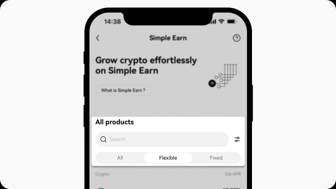 A smartphone screen displays a crypto app's "Simple Earn" feature with the text "Grow crypto effortlessly on Simple Earn" and filter options for "All," "Flexible," and "Fixed" products.