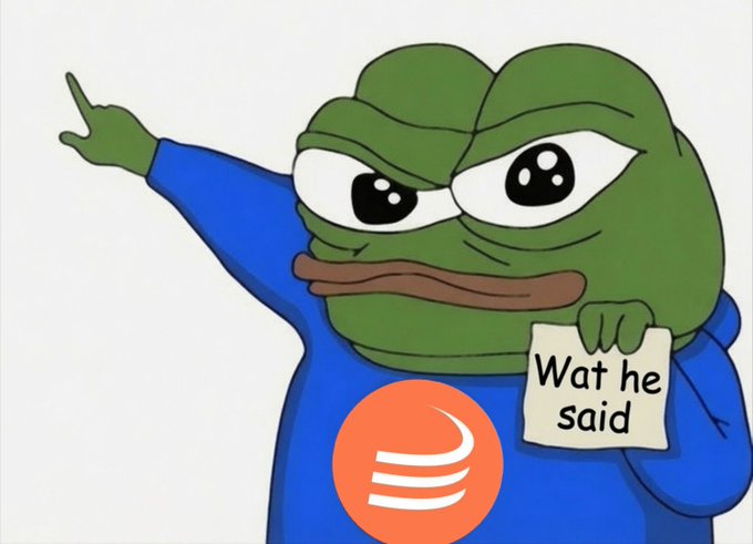 A Pepe the Frog meme depicting the character pointing upward with one hand while holding a sign that reads 'Wat he said' in the other, wearing a blue hoodie with an orange Streeteum (Solana) logo.