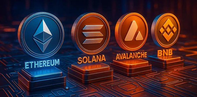 This image displays the logos and names for Ethereum, Solana, Avalanche, and BNB. The associated post discusses a potential institutional shift towards Ethereum, with BlackRock clients reportedly selling IBIT and buying ETH.