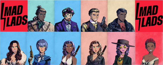 The image is a promotional collage for "Mad Lads," featuring stylized cartoon portraits of 10 characters (including women in glamorous attire holding guns and men in suits), with the "MAD LADS" logo displayed prominently in red on both sides, visually representing the user's complete collection of 10 NFT characters from the Mad Lads collection on Solana.