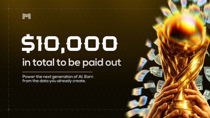 A promotional banner advertising "$10,000 in total to be paid out" for AI data contributors, featuring a golden trophy held by hands with money raining down around it, visually reinforcing the cash prize announcement for connecting everyday apps like Uber, Netflix, Zomato, and Strava.