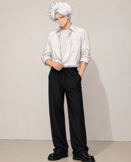 An anime-style illustration of a young man with spiky white hair, wearing a white button-up shirt over a t-shirt and loose black trousers with black shoes, standing against a plain wall.