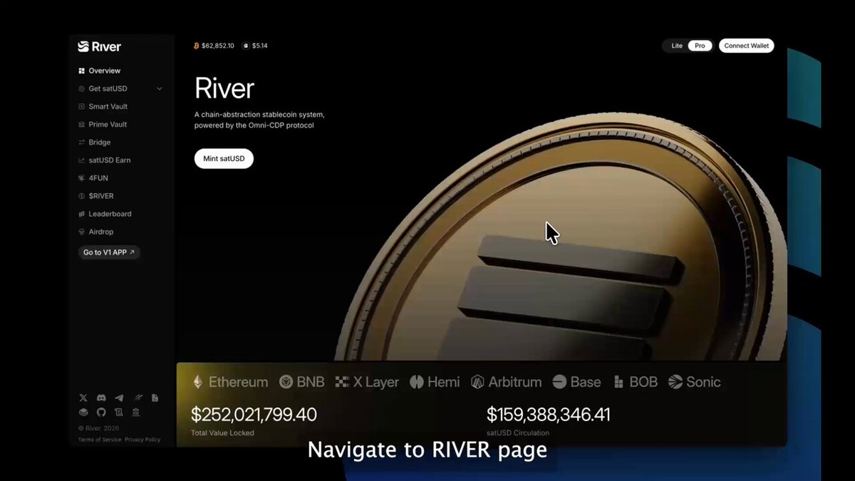 The image shows a website with a gold coin at its center, which has a button that says "navigate to River page" below it. The website also displays information about Bitcoin staking and voting for teams.