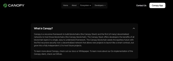 A webpage screenshot for 'Canopy' featuring a dark theme, with navigation menu items (Home, About, Ecosystem, Developers, Contact Us, Canopy App) and an FAQ section explaining it is a recursive framework to build blockchains and the first decentralized rollup for security.